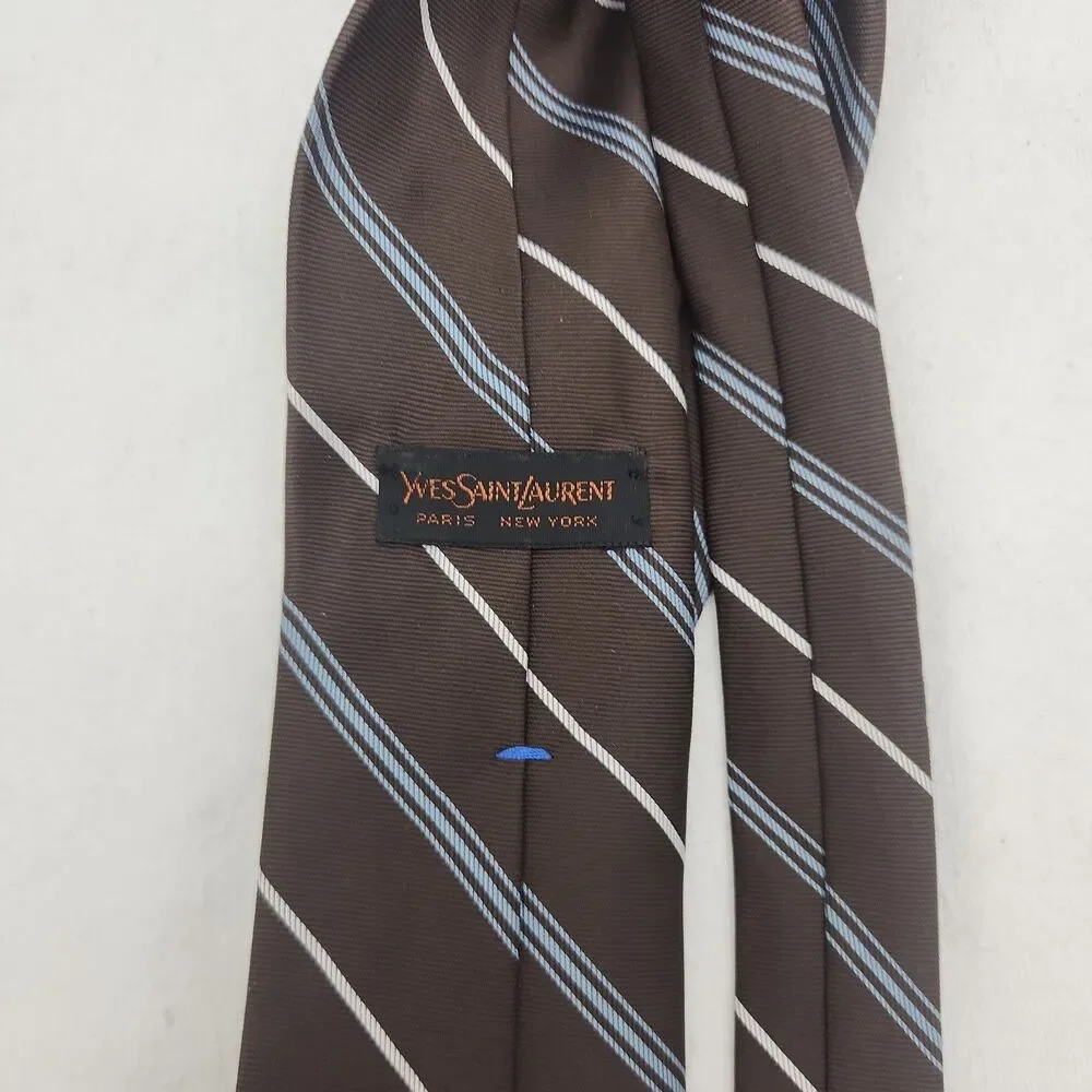 Tie Yves Saint Laurent YSL Neckwear Brown Rep Blue & White Stripes New York VTG